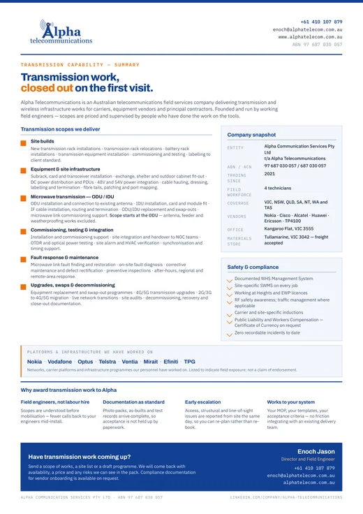 Transmission Capability Summary cover page